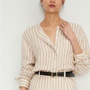 Everlane - The Popover Beige And White Stripe Lightweight  Linen Blouse Size 2